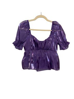 Shiny Purple Peasant Blouse Short Puff Sleeves Ruched Waist Ruffle Trim Large